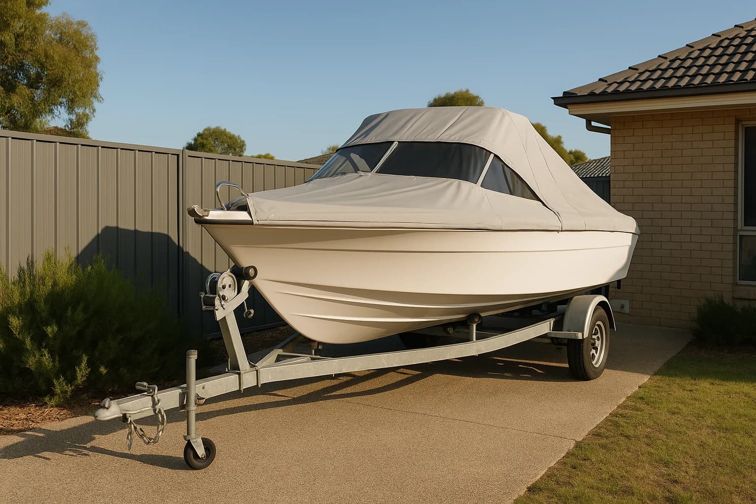 White fibreglass motorboat on trailer, stored on aggregate-concrete pad beside an Australian home