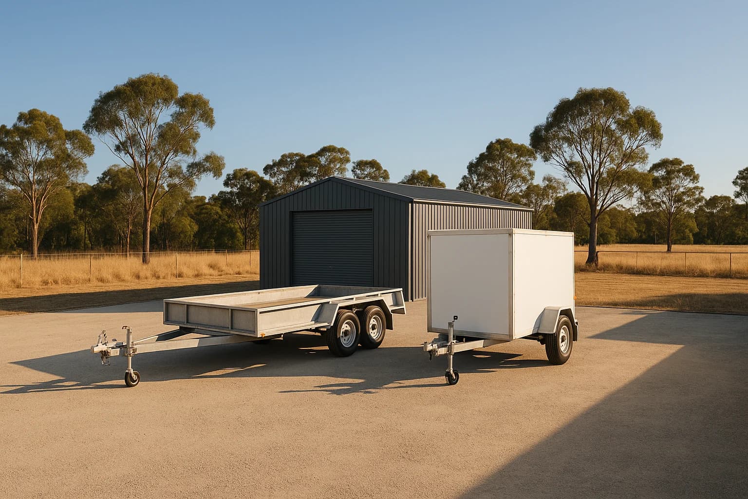 Flatbed and box trailers stored side by side on a residential hardstand, Colorbond shed and eucalyptus trees