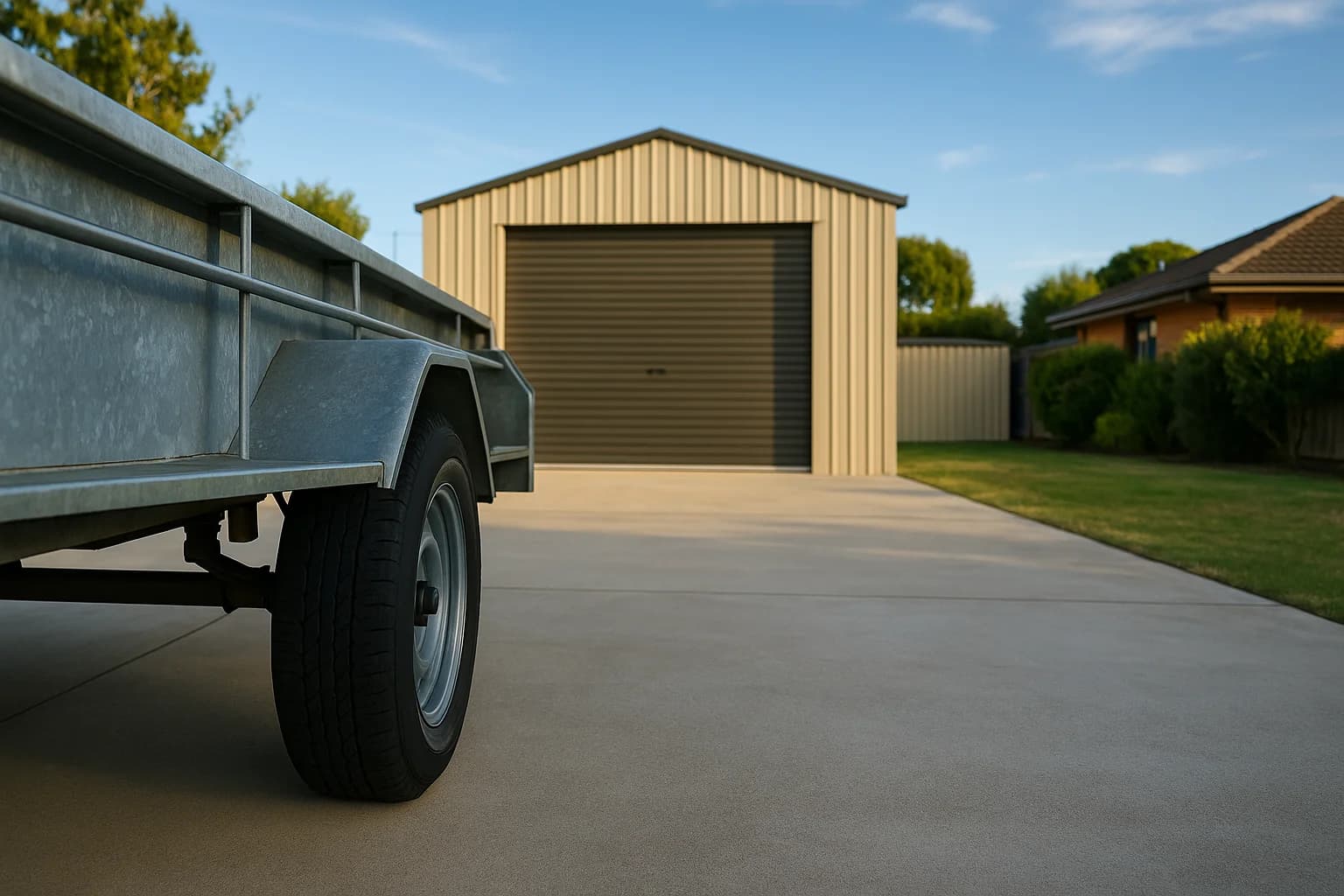 Box trailer on a residential concrete pad with Colorbond shed beyond